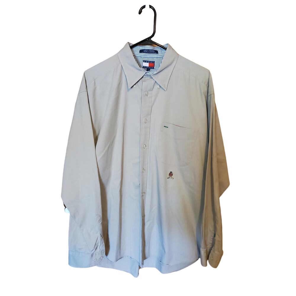 Vtg Tommy Hilfiger Mens Sz L Button Shirt Beige Embroidered Long Sleeve Pocket